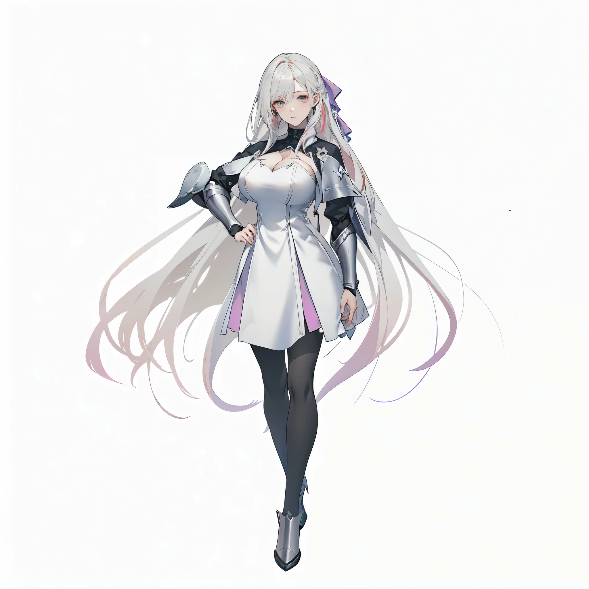 masterpiece,best quality,1girl,right hand in waist,azur lane unzen,\(herrscher of finality\),pearl colored hair tie,solo,full body,pale skin,light pearl colored hair,multicolored hair,full body,cute fantasy white dress,very long hair floating around,light pearl colored eyes,(white eyelashes),+ +,tight black pantrose,(((big breasts side cleavage))),floating light angel blades,closed mouth,silver amor pieces, ((fantasy character)), anime character sheet