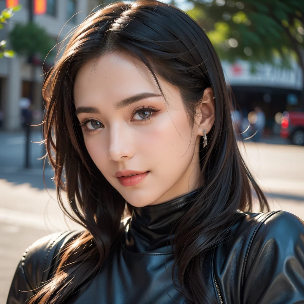 a beautiful young woman, lady bikers, detailed face, alluring eyes, full lips, large bust, turtle neck t-shirt, leather jacket, outdoor date setting, taking a selfie, soft lighting, warm colors, (best quality,4k,8k,highres,masterpiece:1.2),ultra-detailed,(realistic,photorealistic,photo-realistic:1.37),cinematic,beautiful detailed eyes,beautiful detailed lips,extremely detailed face and eyes,long eyelashes,intricate clothing textures,elegant posing,warm smile,romantic atmosphere
