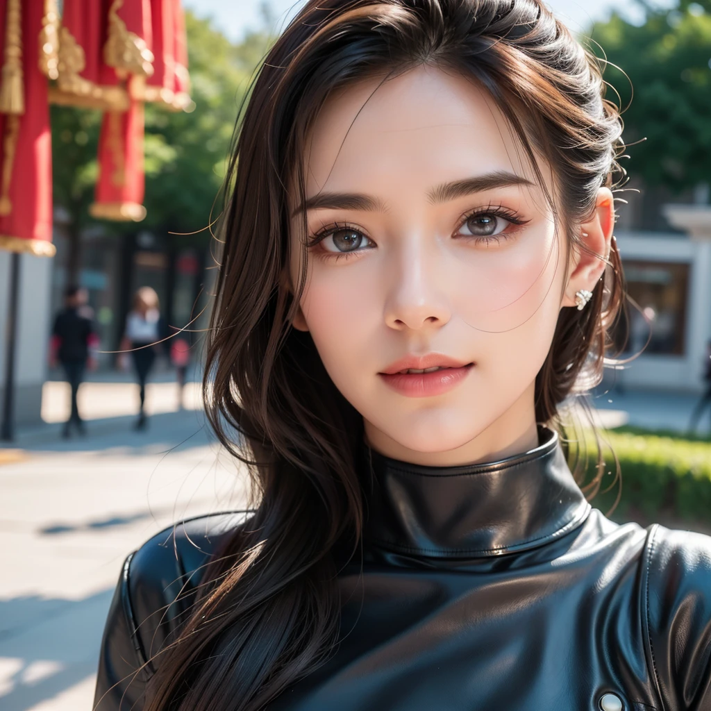 a beautiful young woman, lady bikers, detailed face, alluring eyes, full lips, large bust, turtle neck t-shirt, leather jacket, outdoor date setting, taking a selfie, soft lighting, warm colors, (best quality,4k,8k,highres,masterpiece:1.2),ultra-detailed,(realistic,photorealistic,photo-realistic:1.37),cinematic,beautiful detailed eyes,beautiful detailed lips,extremely detailed face and eyes,long eyelashes,intricate clothing textures,elegant posing,warm smile,romantic atmosphere