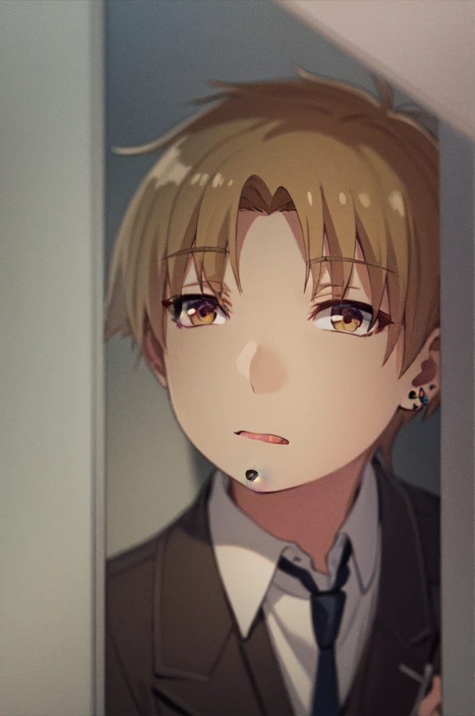Masterpiece, best quality, 1boy, upper body, necktie, (black ear piercing), closed mouth, simple backround, blonde hair, expressionless, short hair, brown eyes, tongue out, from above, looking at viewer