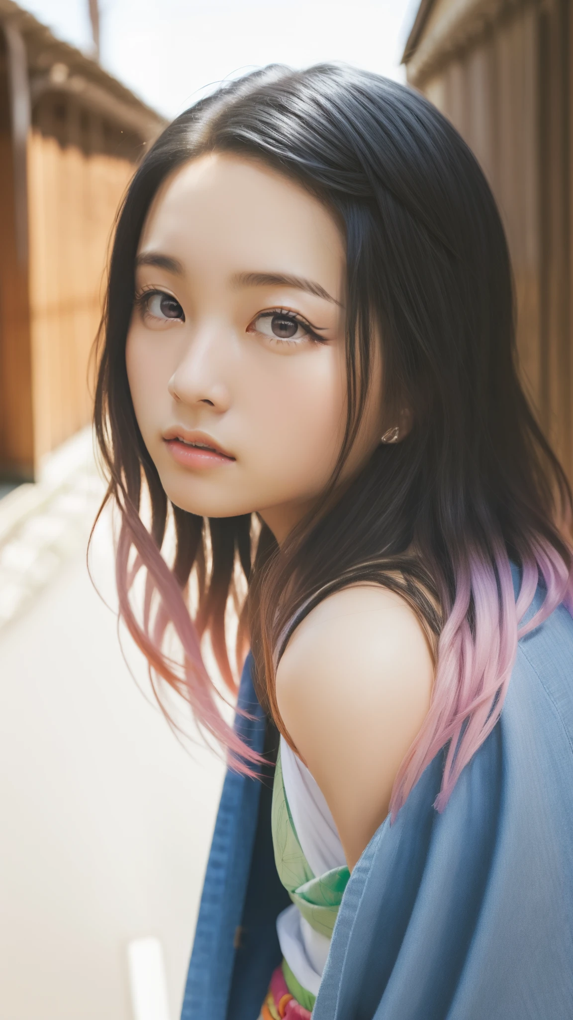 Cute Japanese woman, (16 years old), (Very cute face: 1.3), White moist skin, Looking at the camera, Melancholy expression,
BREAK,
Idol,
BREAK,
(Wearing cute kimono: 1.3), (Highly revealing kimono), Very large earrings, Short length,
BREAK,
(Fighting pose: 1.3),
BREAK,
(Long hair), (Pink hair: 1.2), (Wavy hair), (Gradient hair: 1.3), (Red hair at the ends),
BREAK,
(Realistic: 1.3), Masterpiece, Perfect lighting, (Ultra-high resolution), (8K), (Highly detailed: 1.4), (From the front), (Full body: 1.3), (Symmetrical: 1.2),
BREAK,
(Japanese city streets: 1.2),
BREAK,
(Demon Slayer: 1.4),
BREAK,
(Kasumi Arimura: 1.4),