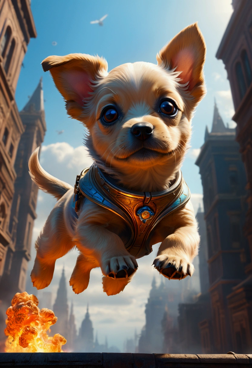 Flying Puppy, full body, by Jordan Grimmer, cinematic still, (best quality, masterpiece), very aesthetic, perfect composition, intricate details, ultra-detailed, vivid colors