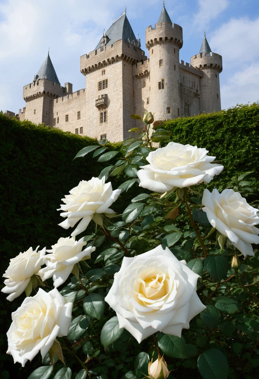 Leafy white rose bush and a castle in the background
