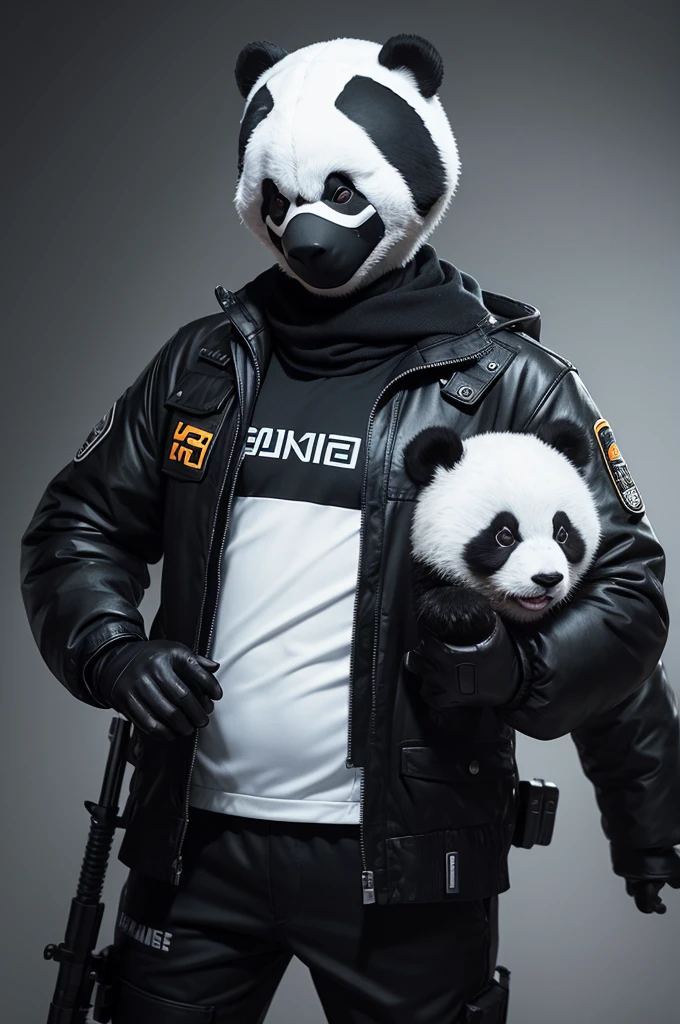 Free fire character in black and white panda outfit with brown hair and assault mask