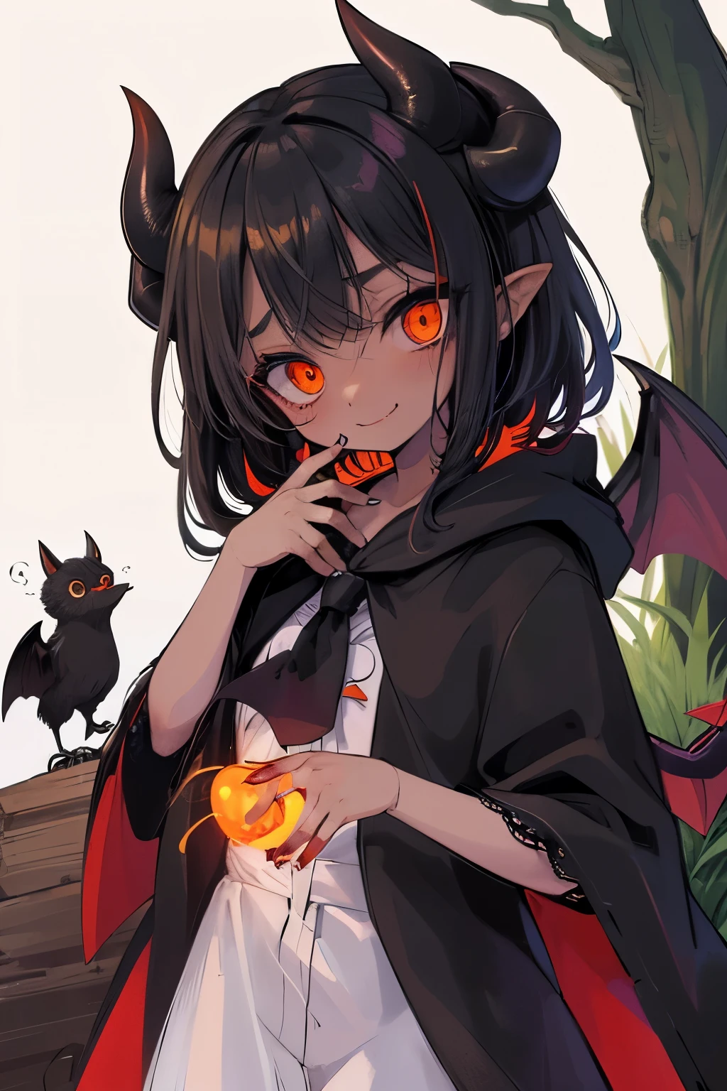 Cute horror fantasy、Horror effect、Picture book style、Children's book style、BREAK 、Little女の子doll\((devil:1.6),cute,(dancing:1.4),Wicked Smile,Dark skin,Sagging under the eyes,Long eyebrows,Big eyes,Little,Long nails,Orange eyes,hair,(Look down at yourself:1.3),Wear a long, big cloak, BREAK ,background\(Note, (dead tree:1.3), in the forest,shadow the cardboard\(Bat,doll,Crow\)\)