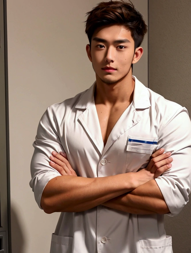 Medium shot,Medicine student,Cross your arms over your chest, cool , masculine,big muscle, 22 year old,tan skin,(messy brown hair),soft facial hair,handsome , in university