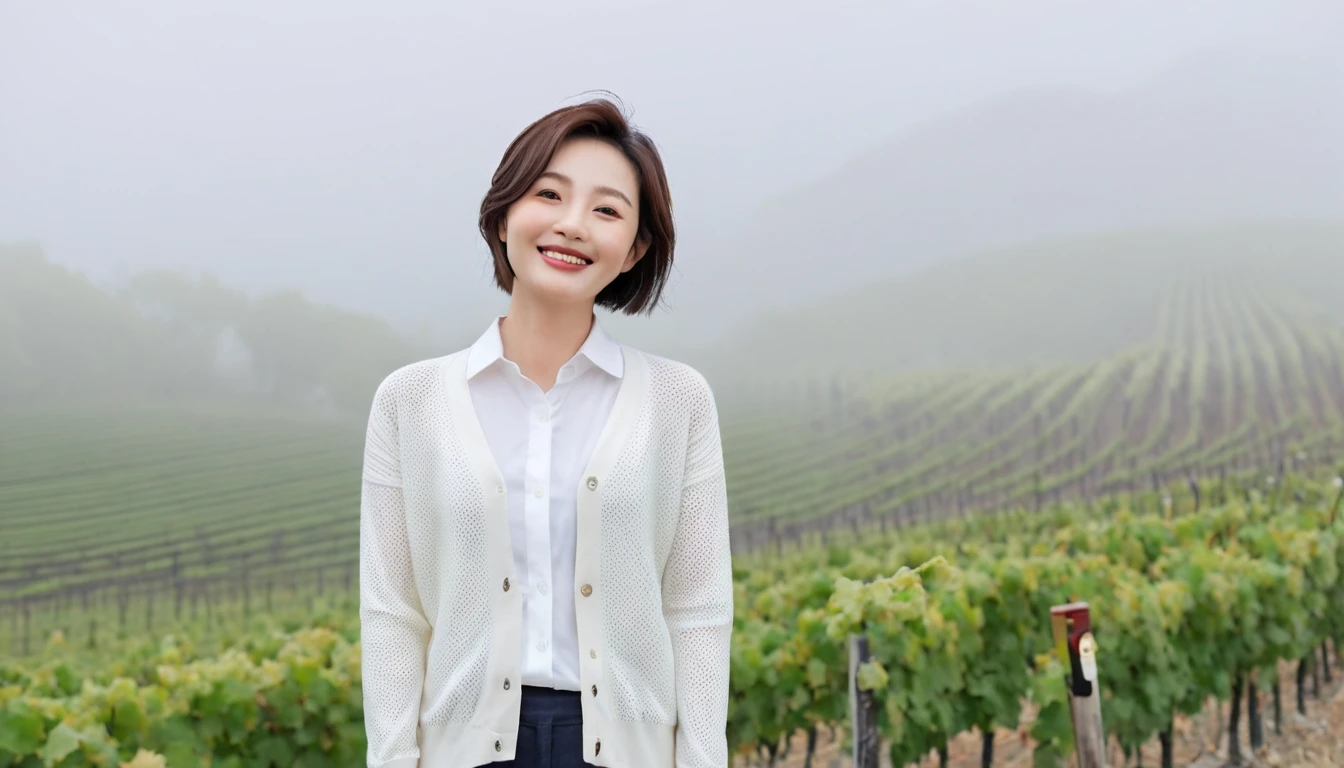 8k realistic, lifelike photo,, 36 year old Korean woman, Short in stature, pretty like a model. front view, white shirt and short cardigan, casual pants, short medium hair, smiling, Italy. spring, vineyard, thick dawn fog. vineyard 지나 짙은 안개 속으로 저 멀리 성당이 보인다. Full body shot from afar with a wide angle lens , 1 woman, Short in stature, superb picture quality, The morning fog thickens, The picture quality is alive.. Full body shot with Canon 16-35 wide angle lens, Put on your horn-rimmed sunglasses and look up to the side