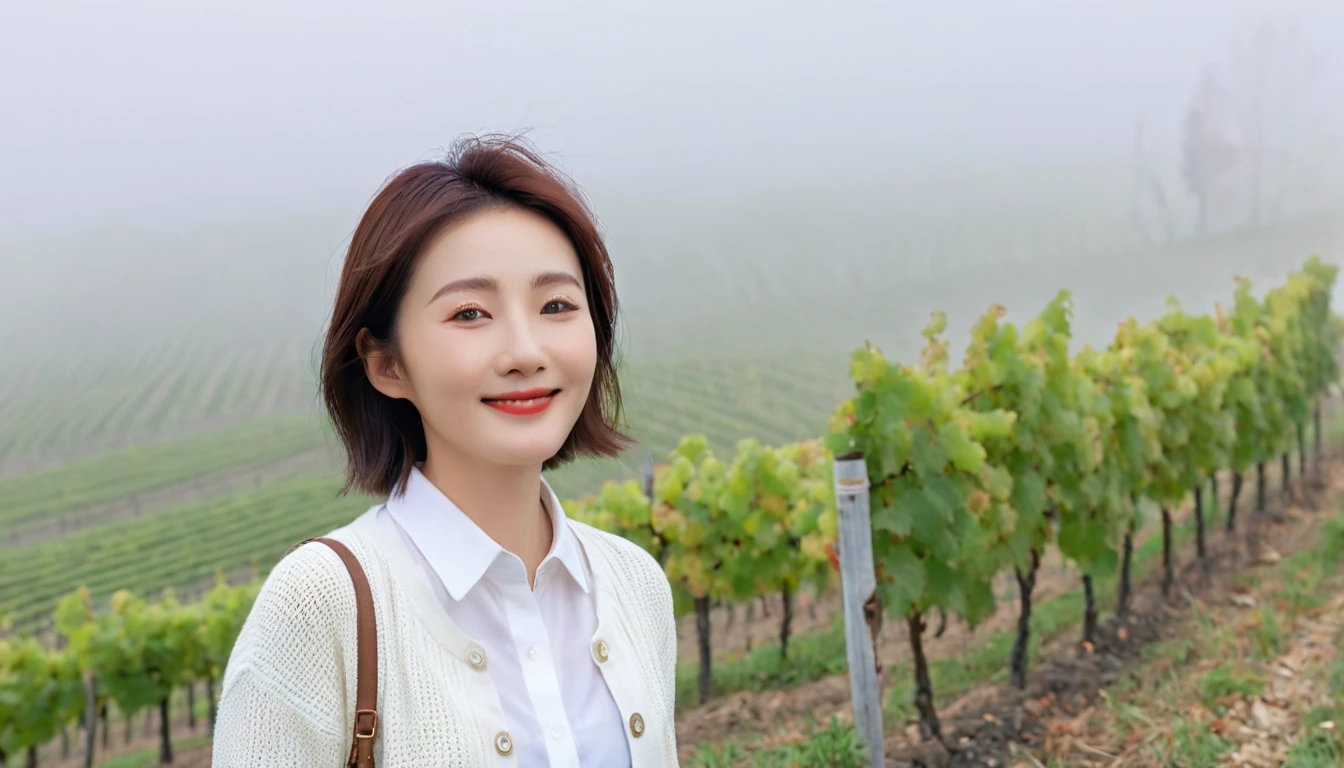 8k realistic, lifelike photo,, 36 year old Korean woman, Short in stature, pretty like a model. front view, white shirt and short cardigan, casual pants, short medium hair, smiling, Italy. spring, vineyard, thick dawn fog. vineyard 지나 짙은 안개 속으로 저 멀리 성당이 보인다. Full body shot from afar with a wide angle lens , 1 woman, Short in stature, superb picture quality, The morning fog thickens, The picture quality is alive.. Full body shot with Canon 16-35 wide angle lens, Put on your horn-rimmed sunglasses and look up to the side