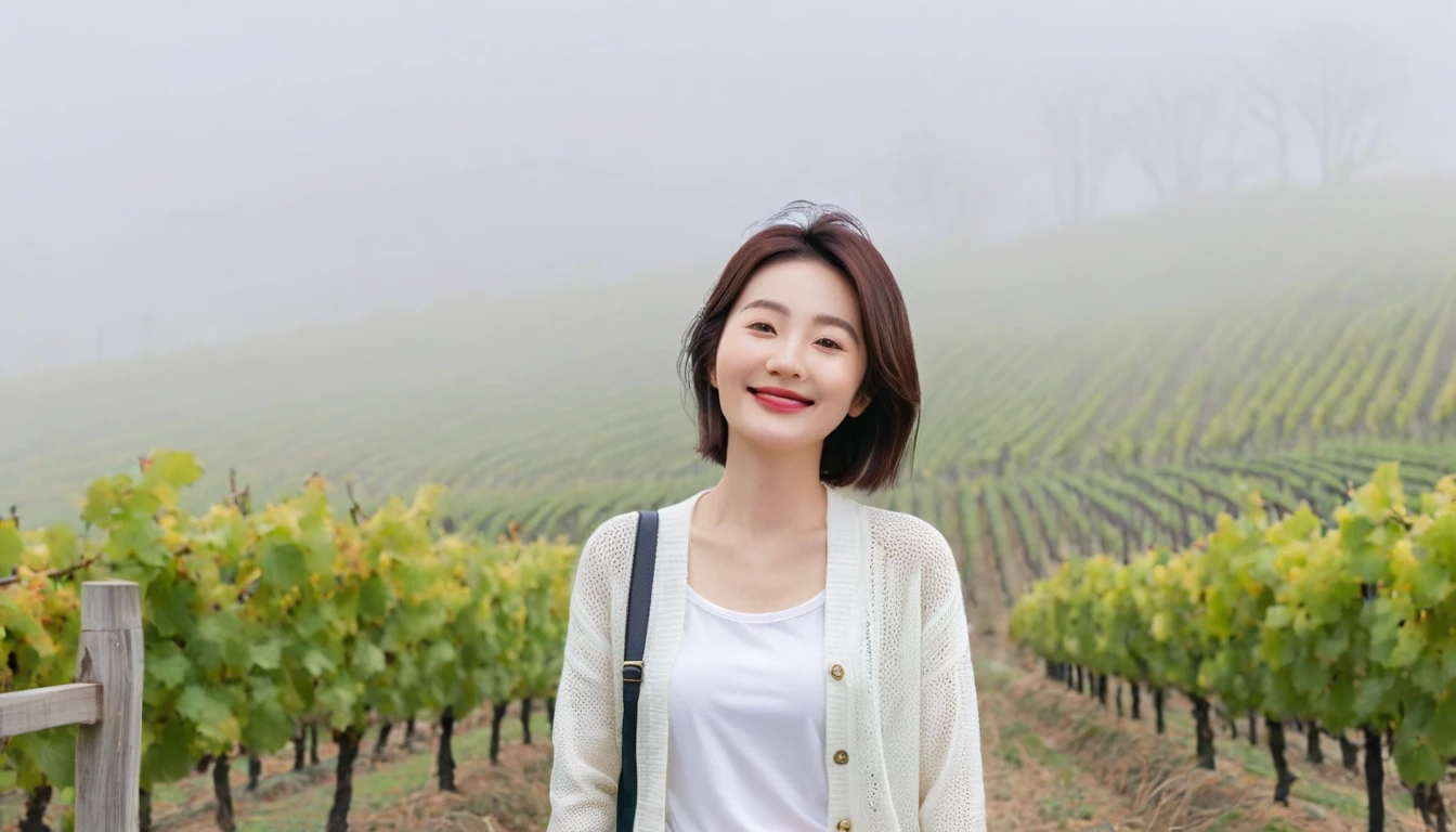 8k realistic, lifelike photo,, 36 year old Korean woman, Short in stature, pretty like a model. front view, white shirt and short cardigan, casual pants, short medium hair, smiling, Italy. spring, vineyard, thick dawn fog. vineyard 지나 짙은 안개 속으로 저 멀리 성당이 보인다. Full body shot from afar with a wide angle lens , 1 woman, Short in stature, superb picture quality, The morning fog thickens, The picture quality is alive.. Full body shot with Canon 16-35 wide angle lens, Put on your horn-rimmed sunglasses and look up to the side