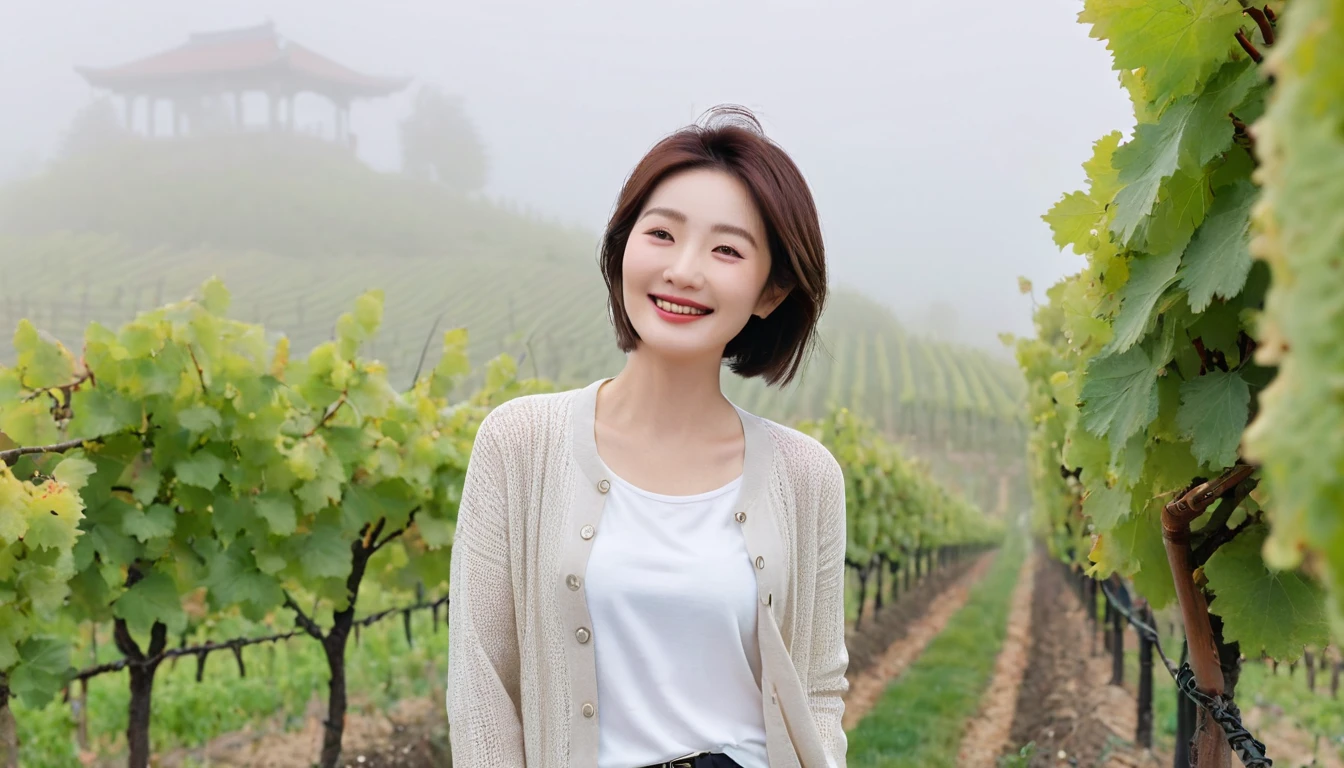 8k realistic, lifelike photo,, 36 year old Korean woman, Short in stature, pretty like a model. front view, white shirt and short cardigan, casual pants, short medium hair, smiling, Italy. spring, vineyard, thick dawn fog. vineyard 지나 짙은 안개 속으로 저 멀리 성당이 보인다. Full body shot from afar with a wide angle lens , 1 woman, Short in stature, superb picture quality, The morning fog thickens, The picture quality is alive.. Full body shot with Canon 16-35 wide angle lens, Put on your horn-rimmed sunglasses and look up to the side