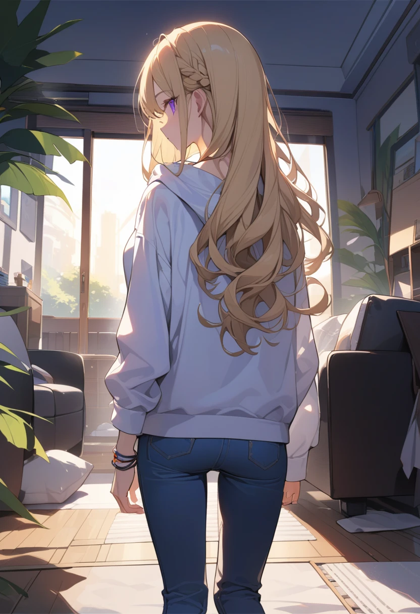masterpiece, best quality, extremely detailed, ultra detailed, flat anime, 2D, 1girl, (young adult:1.2),blonde hair, (semi-long hair:1.2), curly hair, french braid, medium breasts, purple eyes, tsurime, height 1.7meters, white hooded sweatshirt, jeans,bracelet, long sleeves,socks, upper body, portrait, moonlight, Back Light, , very interesting, summer, livingroom, 12AM., standing