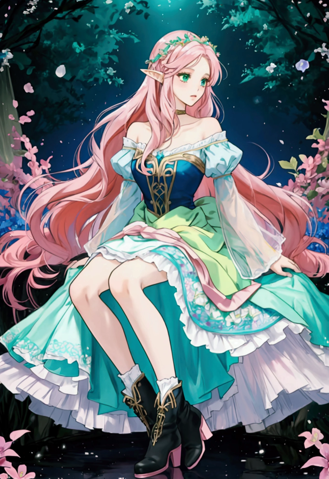 beautiful adult women elf, long pink hair and blue streaks hair, green eyes, with flower crown, black boots, blue dress, pink underskirt and black sleeves, full body.
