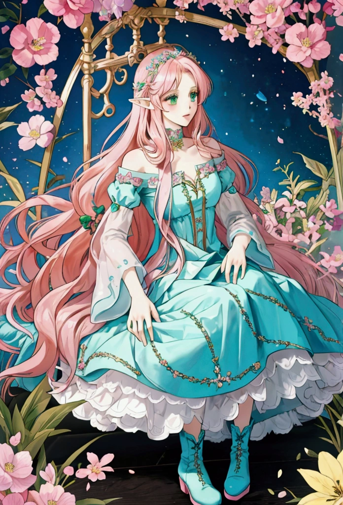 beautiful adult women elf, long pink hair and blue streaks hair, green eyes, with flower crown, black boots, blue dress, pink underskirt and black sleeves, full body.
