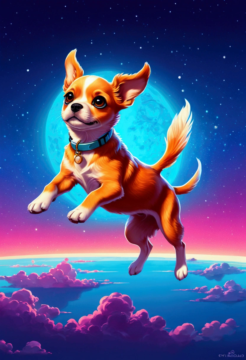 Flying Puppy, full body, by Cyril Rolando, cinematic still, (best quality, masterpiece), very aesthetic, perfect composition, intricate details, ultra-detailed, vivid colors