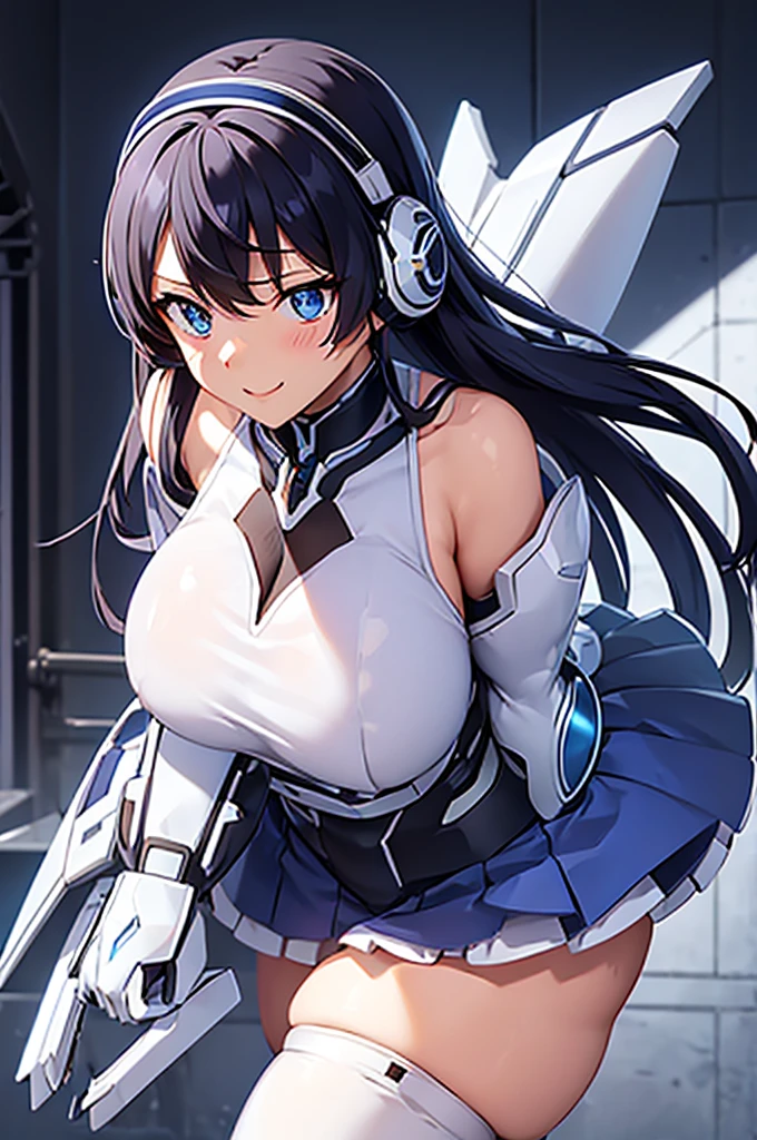 mecha wings、White and blue skirt、Accentuated thighs、White tights、chest、Beautiful black hair、1 girl、solo girl、Thick thighs、IS、Frame Arms Girl、Alice Gere Aegis、White Armor、Blue and purple lines、income、headphone、hand on own chest、smile