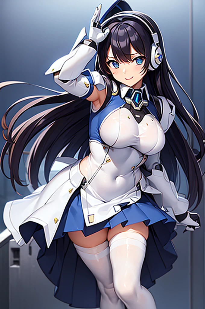 mecha wings、White and blue skirt、Accentuated thighs、White tights、chest、Beautiful black hair、1 girl、solo girl、Thick thighs、IS、Frame Arms Girl、Alice Gere Aegis、White Armor、Blue and purple lines、income、headphone、hand on own chest、smile