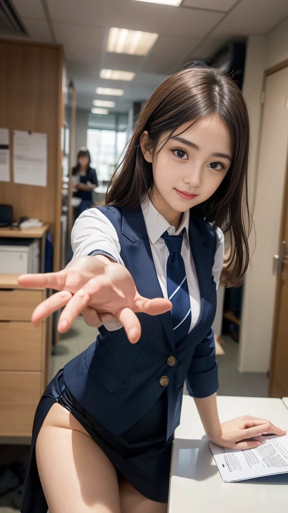 (((A beautiful girl playing around in a brightly colored tie and a neat navy blue suit skirt:1.3))), (8k, RAW Photos, Highest quality, masterpiece:1.2), ((Beautiful girl alone)), Looking at the audience, Viewed from the front, Beautiful white skin, knees, Absurd face is small, Part your bangs down the middle, The forehead is visible, Glare, ((Cute mischievous face:1.3)), Ultra-high resolution, cute, (Slender body line), (Outstanding proportions), ((Office lady suit:1.4)), high school girl, (Idolフェイス, :1.65), Japanese women, Are standing, (Photorealistic:1.37), Photon Mapping, Realistic, cute顔が小さい, Brown eyes, prospect, Written boundary depth, Blurred Background, (I can see the bangs), Silky smooth hair, (Firm stomach:1.3), (Beautiful and slim thighs:1.4), (Small beautiful butt:1.2), (Curved waist), thigh, Nogizaka idol, Idol, (Detailed hands:1.3, Accurate hands:1.3, Beautiful little hands of a girl:1.3), (Firm and beautiful breasts:1.3), Super quality, Low people, (Clear white skin, Skin with visible pores:1.2), (Focus on the face), Check and correct the garment construction, (Perfect Anatomy:1.3), (Detailed eyes and face:1.3, Professional photography techniques), (Adorable poses)