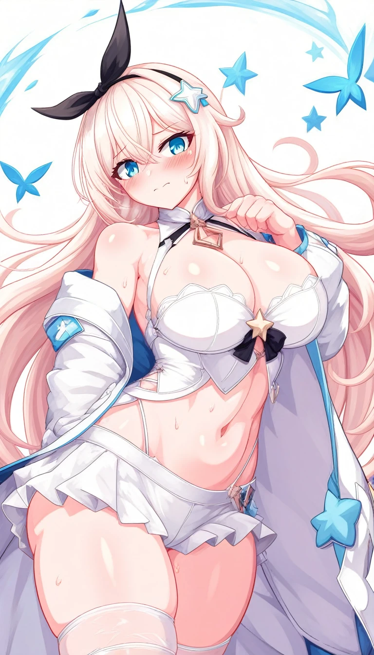 masterpiece,Highest quality,fire Fly \(Honkai: star rail\),nsfw, big breast,thick thighs,One girl, 一人in, null, star_\(null\), Looking_in_Audience, blush, length_hair, starry_null, green_eye, 前hair, hairband, Closed_mouth, white_hair, black_hairband, wing_hair_ornament, hair_ornament,比基尼, hair_between_eye,white background 