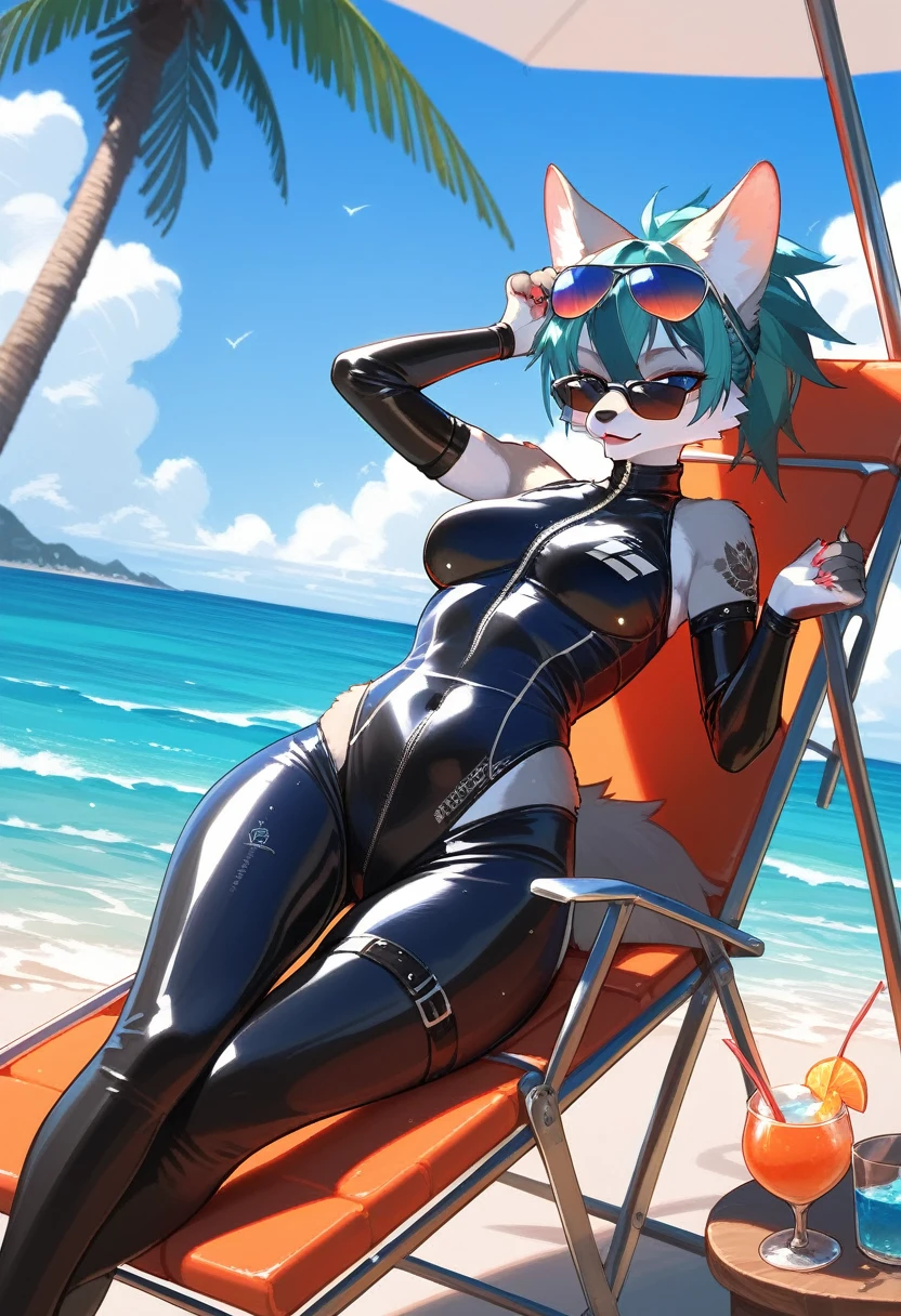 Highest quality, Highest quality, High quality illustrations, masterpiece, Ultra-high resolution, Detailed Background, beach, Absurd, Perfect Anatomy, performance, Good lighting, Shadows in the movies(kemono, Furry Personifi猫ion), latex, neon, neonカラー, cyber punk, Wetsuits, sunglasses, Tattoo, Lie on a beach chair, Dynamic Angle
