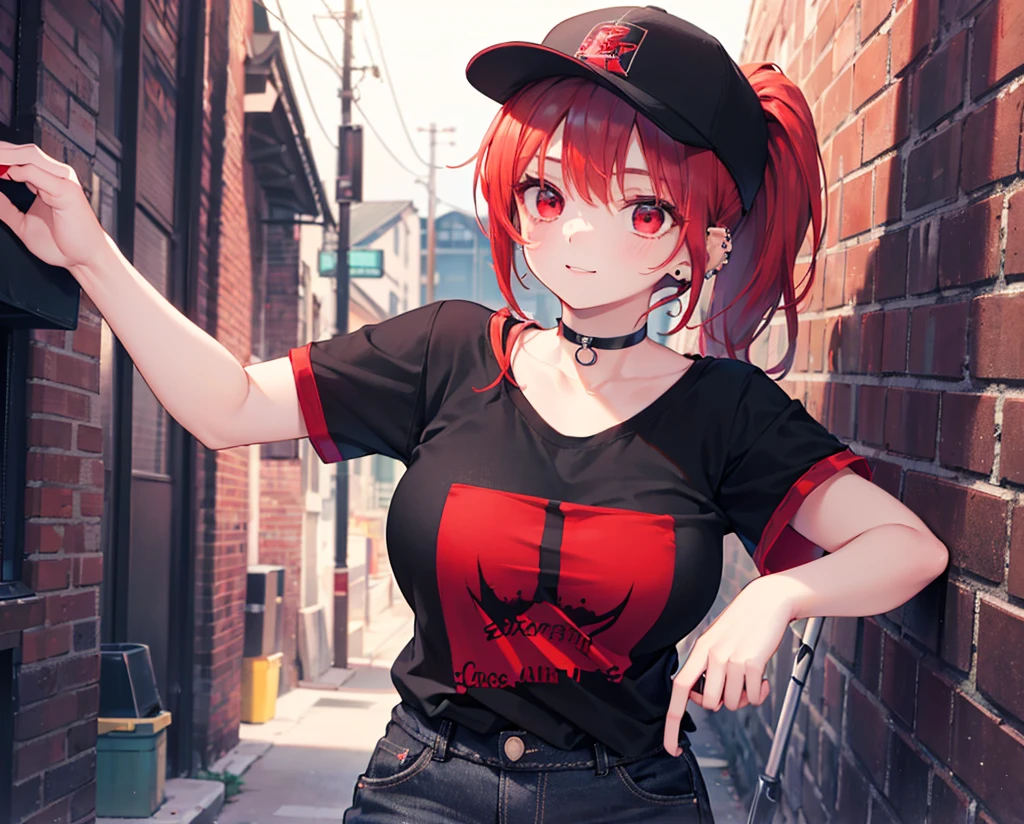(Close-up:1.3),Realistic,Highest quality, Ultra Detail, High-quality CG rendering, The most delicate and beautiful, Floating softly, High resolution, (1 girl), (Highest quality,4K,8k,masterpiece:1.2),(All red hair:1.5), (ponytail:1.5),(Red eyes:1.5),(Slightly larger breasts:1.2), (Oversized black short sleeve t-shirt:1.3),(Black skinny jeans:1.3),(Black baseball cap:1.3),In the city,old buildings,Narrow back alley,(Are standing:1.3),smile,(Piercing in left ear:1.3),(Pitch black choker:1.5),Knee