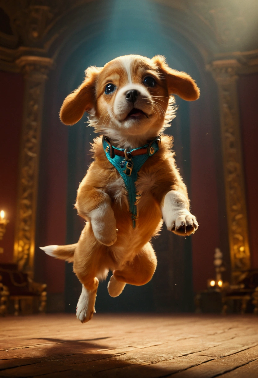 Flying Puppy, full body, by Henri Julien Félix Rousseau, cinematic still, (best quality, masterpiece), very aesthetic, perfect composition, intricate details, ultra-detailed, vivid colors