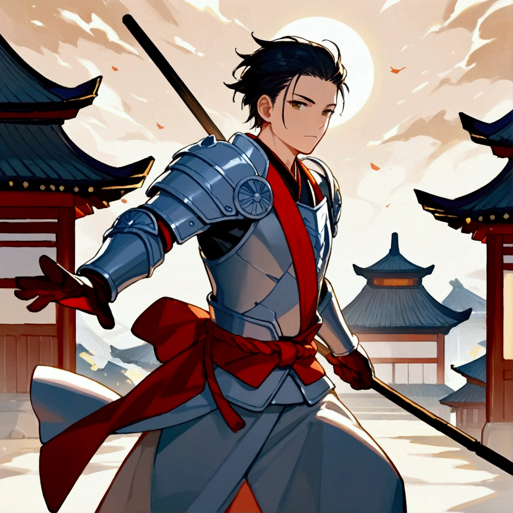 score_9, score_8_up, official art, anime, midnight, dynamic angle, cinematic lighting, 1boy, a middle aged japanese samurai wearing armor, he runs in the burning japanese town, holding short spear,