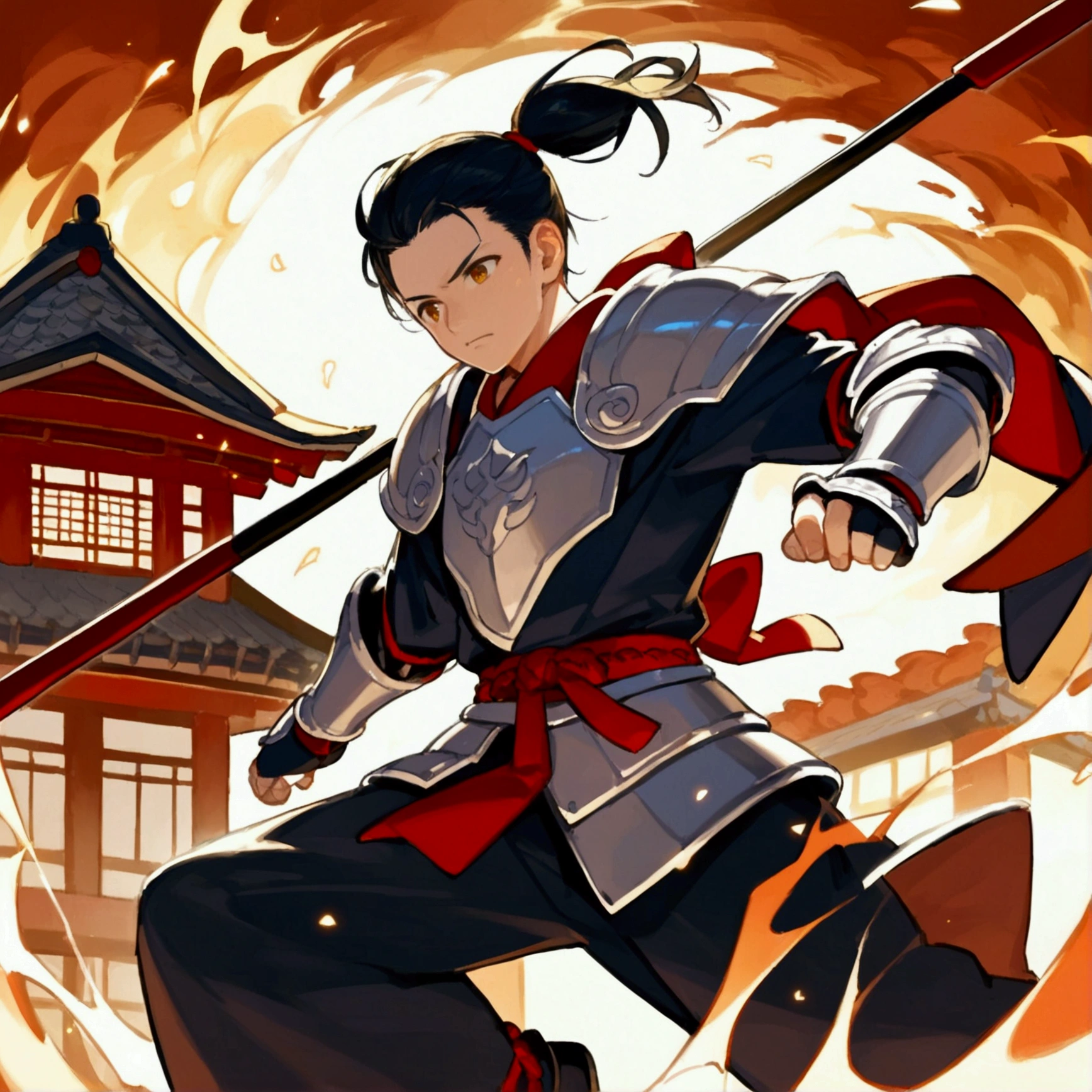 score_9, score_8_up, official art, anime, midnight, dynamic angle, cinematic lighting, 1boy, a middle aged japanese samurai wearing armor, he runs in the burning japanese town, holding short spear,