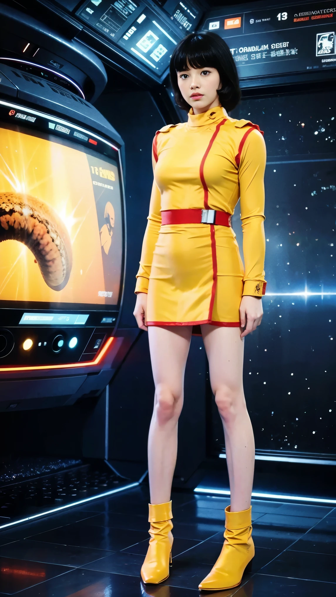 (8k、RAW Photos、Highest quality、masterpiece:1.2、Perfect Anatomy)、(Realistic、Realistic、Full body photo)、1 female、(((Small breasts)))、Short Hair、Fa Yuili、Costumes、Being inside a spaceship