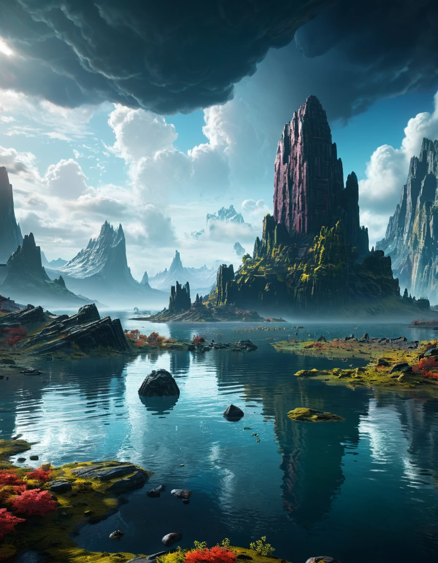 extremely detailed, Landscape of an unknown planet, monolith, lake, cloudy weather, unreal engine 5, perfect composition, Vibrant, rtx, hbao