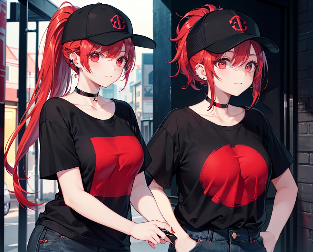 (Close-up:1.3),Realistic,Highest quality, Ultra Detail, High-quality CG rendering, The most delicate and beautiful, Floating softly, High resolution, (1 girl), (Highest quality,4K,8k,masterpiece:1.2),(All red hair:1.5), (ponytail:1.5),(Red eyes:1.5),(Slightly larger breasts:1.2), (Oversized black short sleeve t-shirt:1.3),(Black skinny jeans:1.3),(Black baseball cap:1.3),In the city,old buildings,Narrow back alley,(Are standing:1.3),smile,(Piercing in left ear:1.3),(Pitch black choker:1.5),Knee