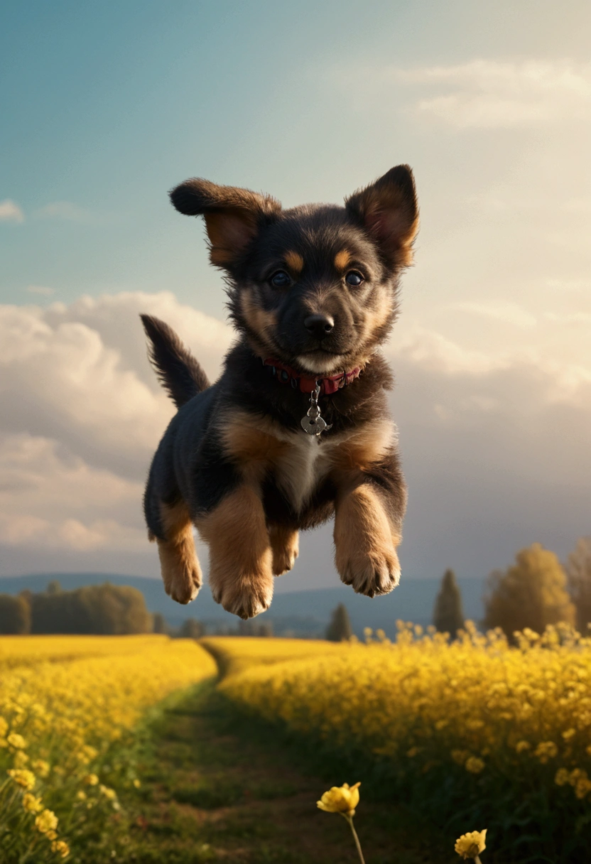 Flying Puppy, full body, by Henri Julien Félix Rousseau, cinematic still, (best quality, masterpiece), very aesthetic, perfect composition, intricate details, ultra-detailed, vivid colors