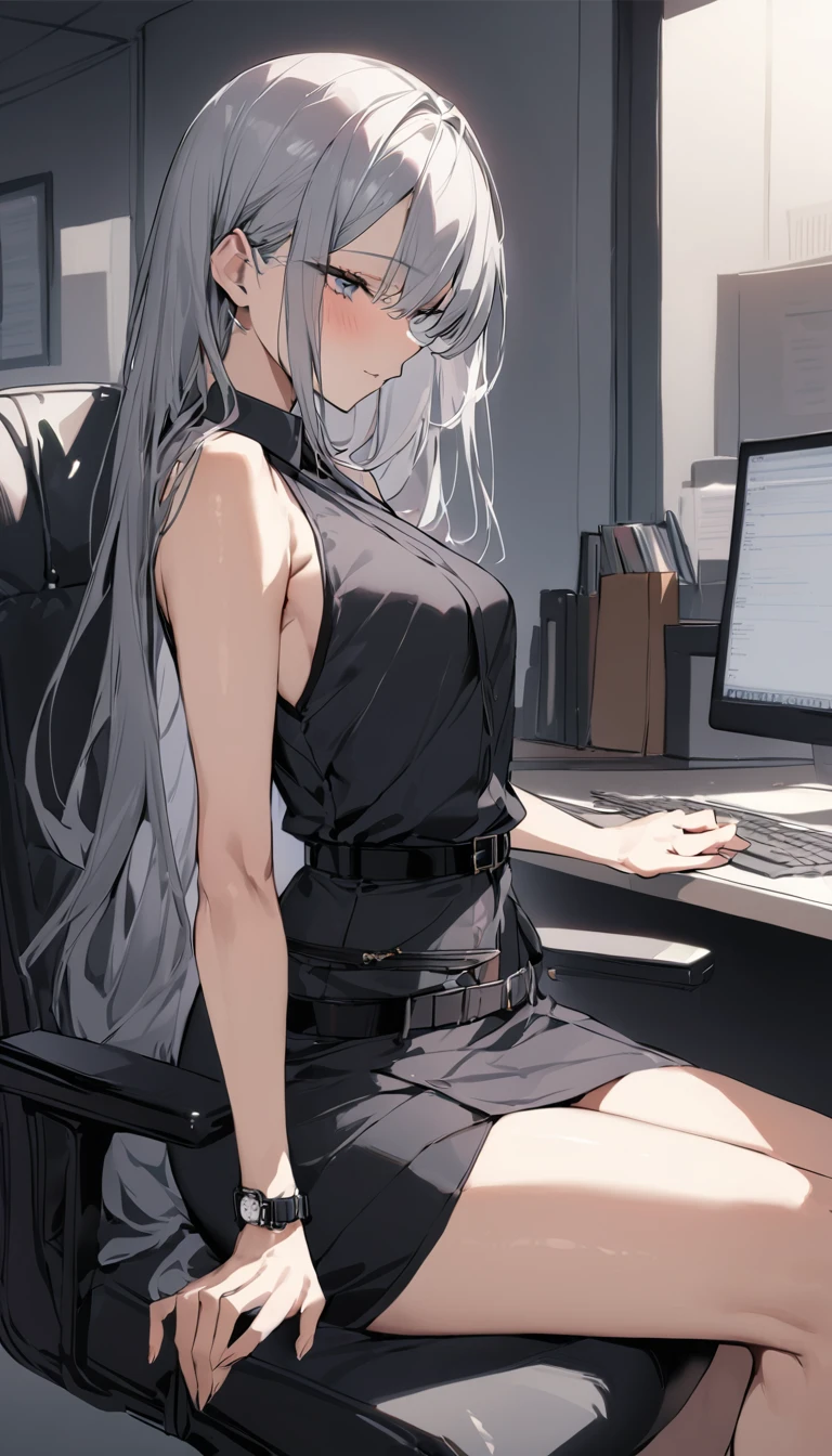 ((Highest quality)), ((masterpiece)), (detailed) Cowboy Shot, 黒髪Long Hair {{{Small breasts}}}{{{slitの入ったロングスカート}}} Contemporary mature adult woman sitting in chair officeカジュアル{{{スレンダーなofficeレディ}}Exposing shoulders 深いslitの入った膝下スカート Long Hair {{{No sleeve}}}office {{{No sleeveボタンシャツ}}} belt slit watch Exposed arms From Side