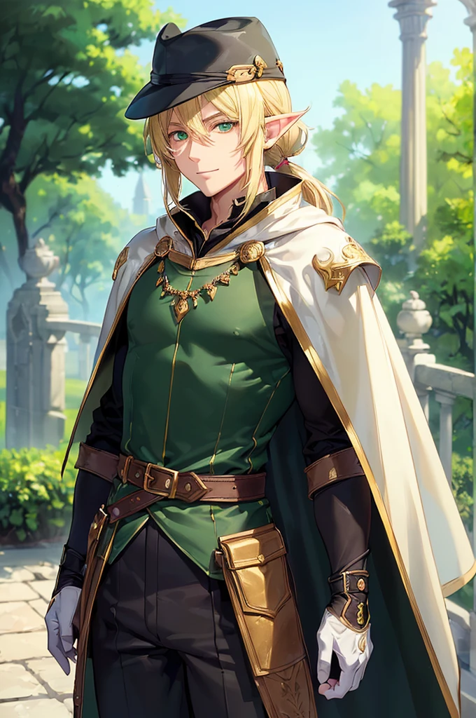(((masterpiece; best quality: 1.2))), (finely detailed eyes: 1.3), (25 year old elf man), (solo), (green eyes: 1.4), (body; toned, fit, masculine: 1.3), (silky blonde hair in low ponytail: 1.3), (beautiful and clear background: 1.2), ((depth of field)), (equipment: adventurer garb + modest + elegant wide-brim hat + tunic + dark long cape + black pants + gloves + belt + pouches: 1.3), (anime illustration: 1.2), (background composition; royal garden: 1.1), (extremely fine and handsome: 1.1), (shot composition; standing + centered on torso + close-up: 1.5), (expression; calm, smile: 1.2)