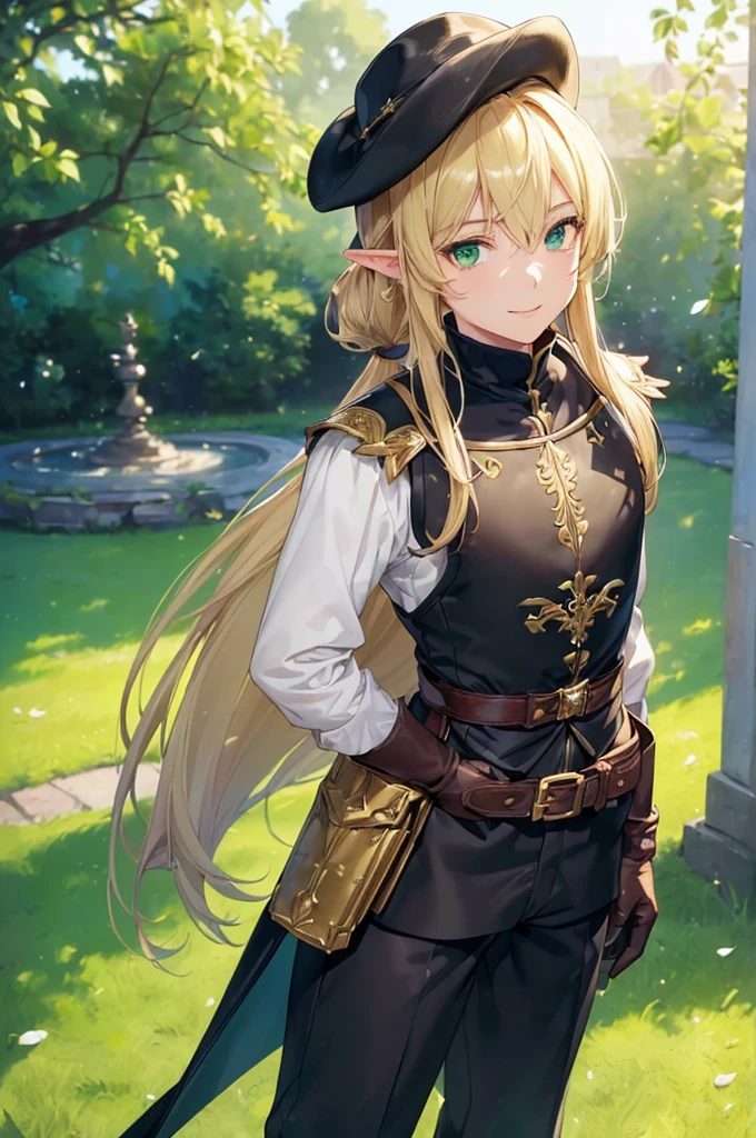 (((masterpiece; best quality: 1.2))), (finely detailed eyes: 1.3), (25 year old elf man), (solo), (green eyes: 1.4), (body; toned, fit, masculine: 1.3), (silky blonde hair in low ponytail: 1.3), (beautiful and clear background: 1.2), ((depth of field)), (equipment: adventurer garb + modest + elegant wide-brim hat + tunic + dark long cape + black pants + gloves + belt + pouches: 1.3), (anime illustration: 1.2), (background composition; royal garden: 1.1), (extremely fine and handsome: 1.1), (shot composition; standing + centered on torso + close-up: 1.5), (expression; calm, smile: 1.2)