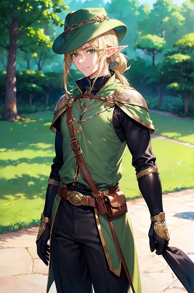 (((masterpiece; best quality: 1.2))), (finely detailed eyes: 1.3), (25 year old elf man), (solo), (green eyes: 1.4), (body; toned, fit, masculine: 1.3), (silky blonde hair in low ponytail: 1.3), (beautiful and clear background: 1.2), ((depth of field)), (equipment: adventurer garb + modest + elegant wide-brim hat + tunic + dark long cape + black pants + gloves + belt + pouches: 1.3), (anime illustration: 1.2), (background composition; royal garden: 1.1), (extremely fine and handsome: 1.1), (shot composition; standing + centered on torso + close-up: 1.5), (expression; calm, smile: 1.2)