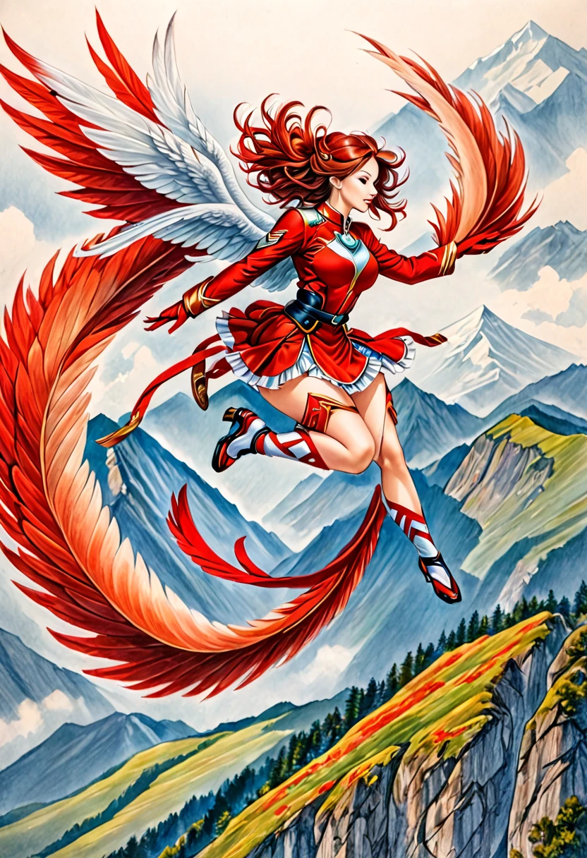 A coloured pencil drawing of a beautiful women with the wings of a red tail halk leaping off a vast mountaintop.