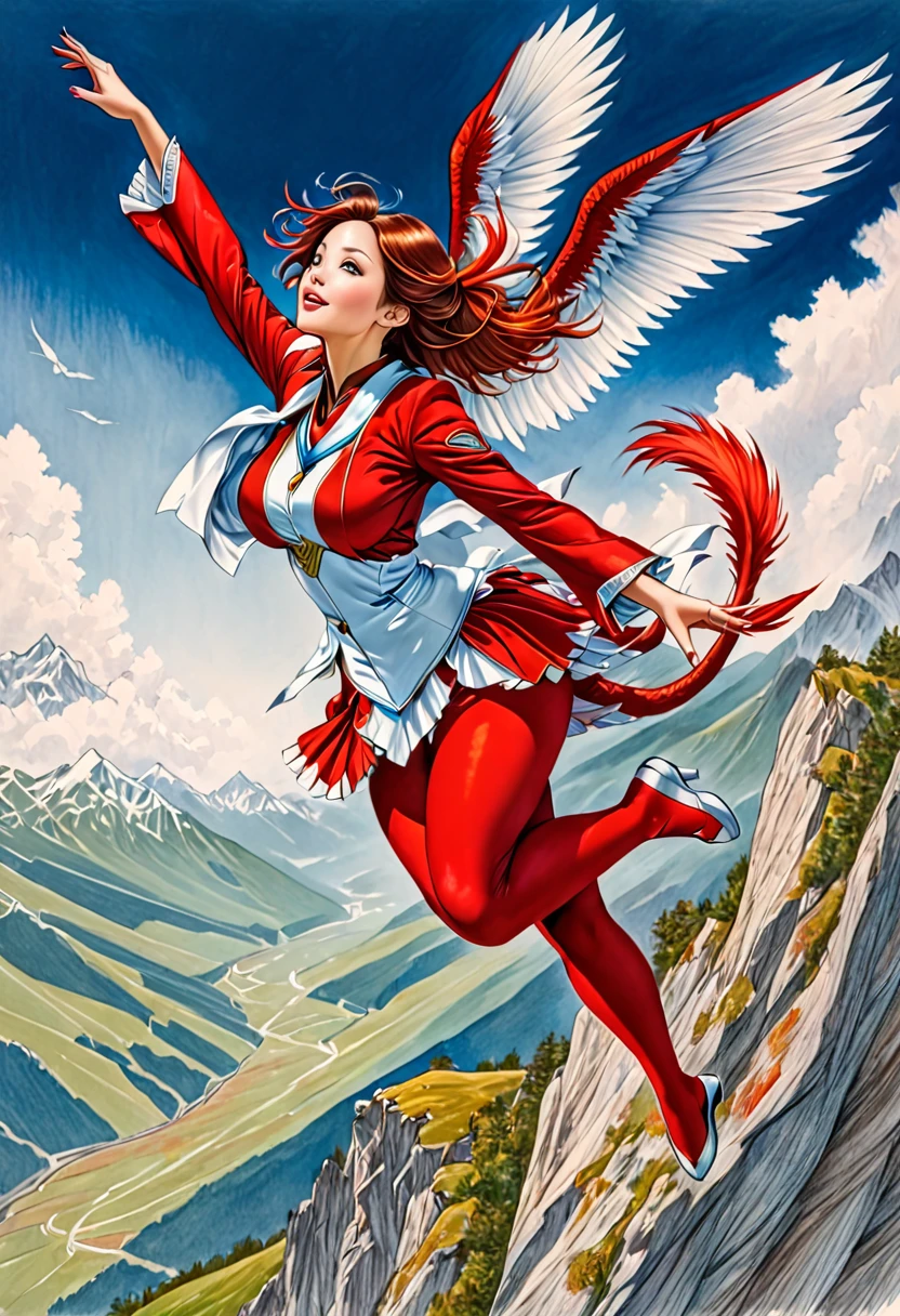 A coloured pencil drawing of a beautiful women with the wings of a red tail halk leaping off a vast mountaintop.