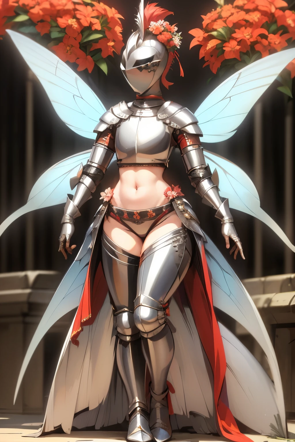 masterpiece, best quality, butterfly wings, (full body, full armor), kardiaofrhodes, helmet, plume, gauntlets, thighhighs, navel, breastplate, thighhighs, wide hips, (queen of fairy, with ornaments and flowers on top, flowers background:1.2)