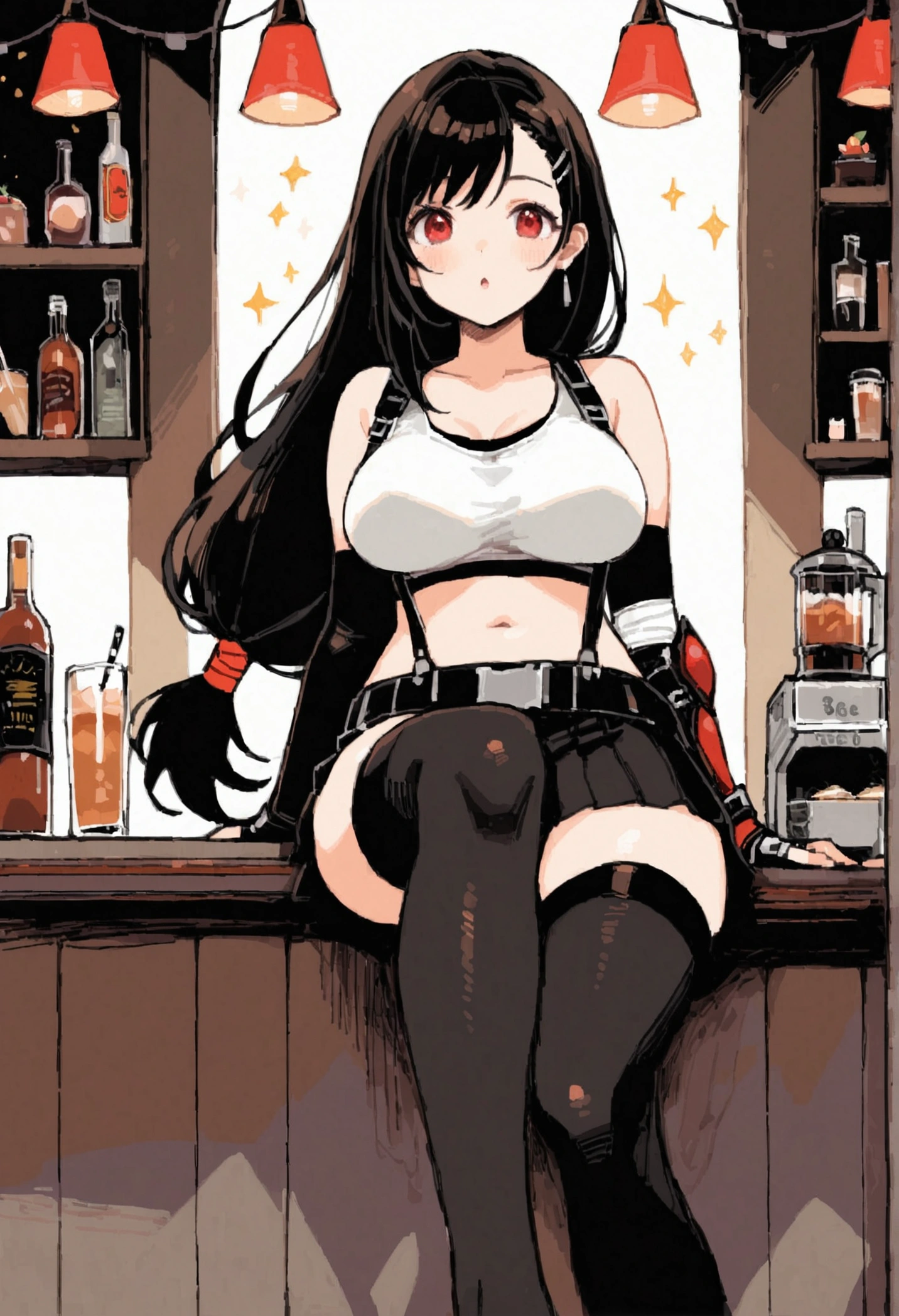 score_9, score_8_up, score_7_up, (best quality), masterpiece,perfect anatomy,(aesthetic,very aesthetic),tegaki,illustration,ultra-high resolution, 1girl, tifa lockhart, final fantasy,(beautiful woman).tareme, black hair, low-tied long hair, red eyes, bangs, white tank top,gap, belt, pleated skirt, thighhighs, elbow fingerless gloves, elbow pads, midriff, navel,suspender skirt.zettai ryouiki ,straight-on,(feet view),leg up,(large_breasts),Solo,mediumshot,looking_at_viewer,,,sitting,cafe and bar, ,Framin,(Composition)