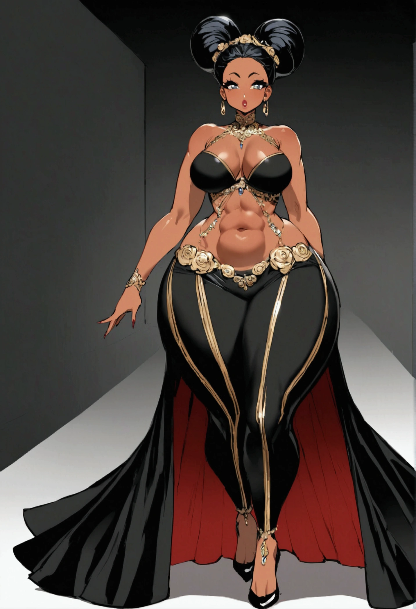Extremely curvy black woman, with a flat muscular stomach cosplay fashion model dressed as betty boop walking down the runway, flat stomach and extra wide 