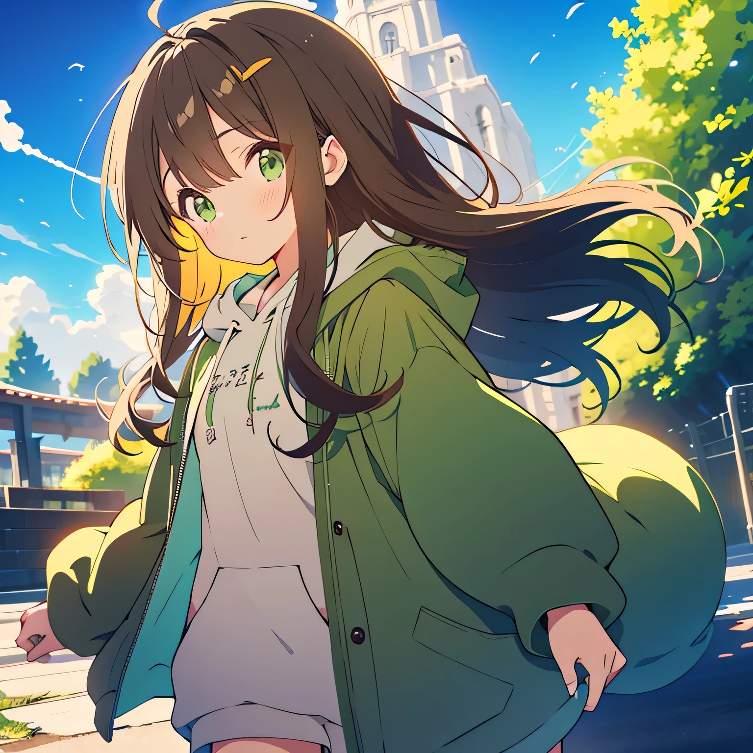 kawaii, anime, Cute, hyper quality, highly detailed, 8k, Clarity, green eyes, dark brown long hair, baggy hoodie, outside in summer, Moe sleeves, Draw facial expressions in detail, cold, shake hands, trembling, summer sunshine, 	