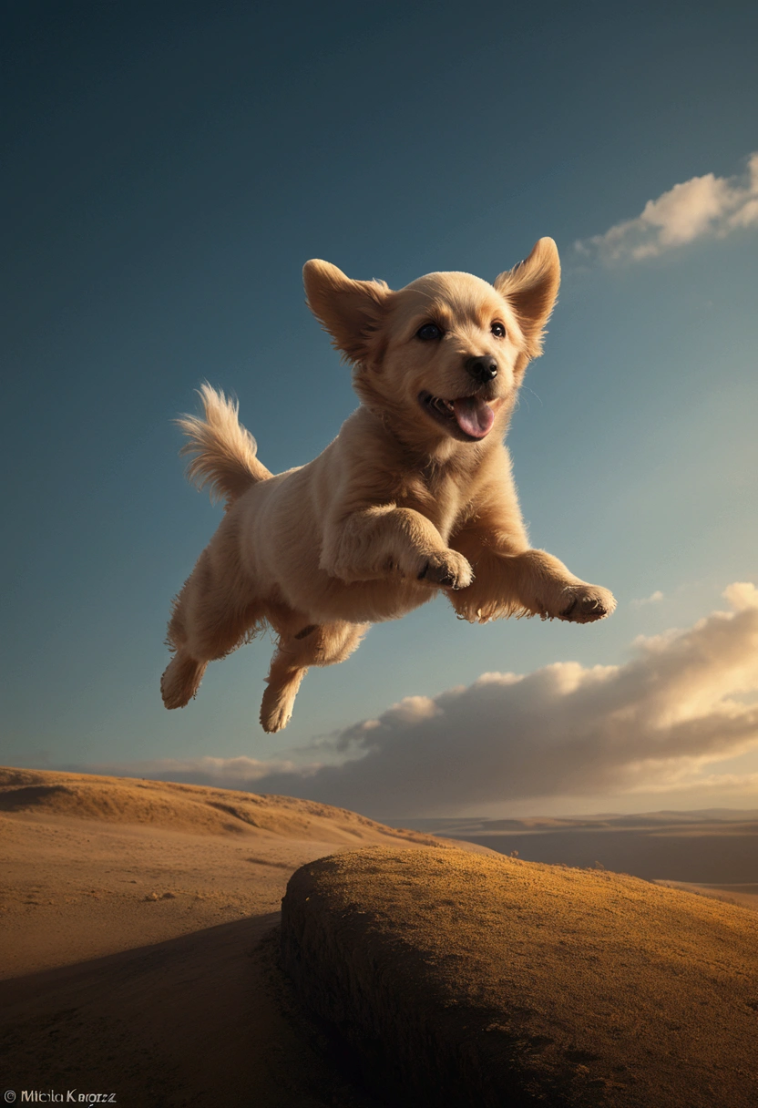 Flying Puppy, full body, by Henri Julien Félix Rousseau, cinematic still, (best quality, masterpiece), very aesthetic, perfect composition, intricate details, ultra-detailed, vivid colors