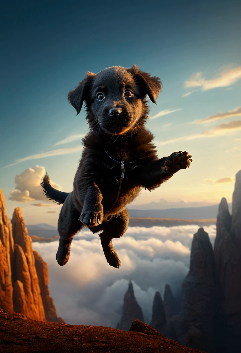 Flying Puppy, full body, by Michal Karcz, cinematic still, (best quality, masterpiece), very aesthetic, perfect composition, intricate details, ultra-detailed, vivid colors