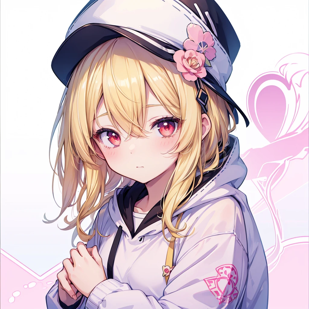 (masterpiece), (best quality), (8k wallpaper), (detailed eyes), (detailed illustration), kawaiitech, pastel colors, kawaii,a drawing in an anime form depicting a girl in a hat and hoodie clothing, 1girl, cap hat, solo, blonde hair, red eyes, long hair, , transparent background, , 、