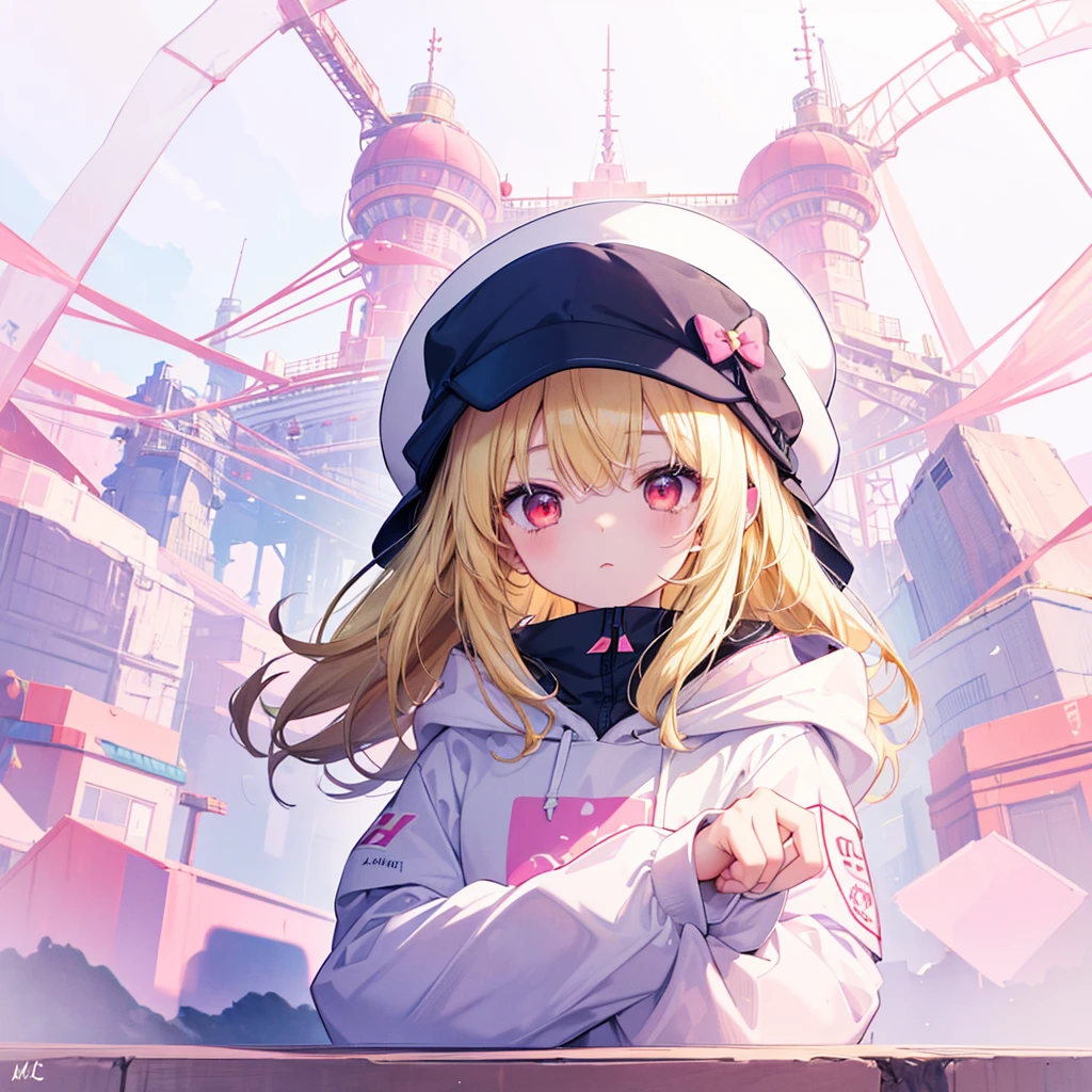 (masterpiece), (best quality), (8k wallpaper), (detailed eyes), (detailed illustration), kawaiitech, pastel colors, kawaii,a drawing in an anime form depicting a girl in a hat and hoodie clothing, 1girl, cap hat, solo, blonde hair, red eyes, long hair, , transparent background, , 、