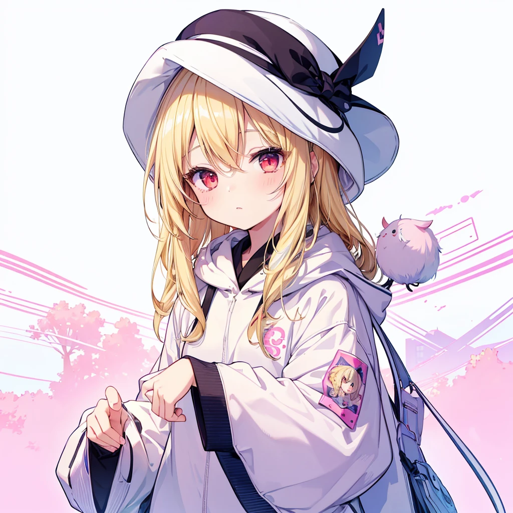 (masterpiece), (best quality), (8k wallpaper), (detailed eyes), (detailed illustration), kawaiitech, pastel colors, kawaii,a drawing in an anime form depicting a girl in a hat and hoodie clothing, 1girl, cap hat, solo, blonde hair, red eyes, long hair, , transparent background, , 、