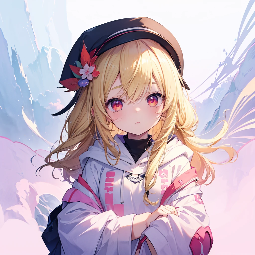 (masterpiece), (best quality), (8k wallpaper), (detailed eyes), (detailed illustration), kawaiitech, pastel colors, kawaii,a drawing in an anime form depicting a girl in a hat and hoodie clothing, 1girl, cap hat, solo, blonde hair, red eyes, long hair, , transparent background, , 、
