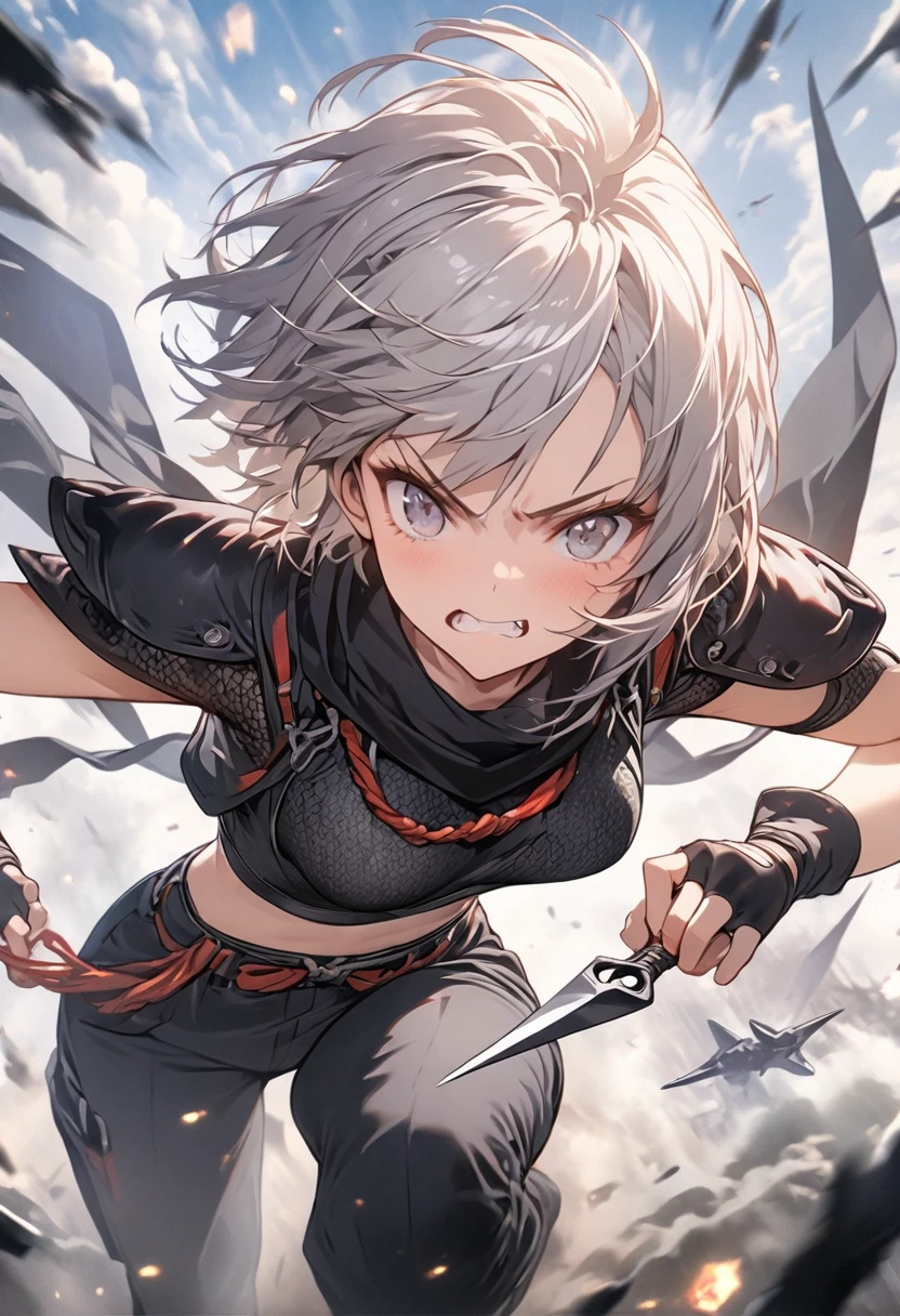 One girl,jet,Asian Face,Gray Hair,short hair,Black gloves, Shoulder pads, Black trousers, cropped sleeveless jacket,Serious expression,Crouched, (Ninja Pose),Dynamic pose,Kunai knife,Holding a kunai,Wind effects,Strong wind around the body,masterpiece,Highly detailed CG Unity 8k wallpaper, Highest quality,32K,focus on, 