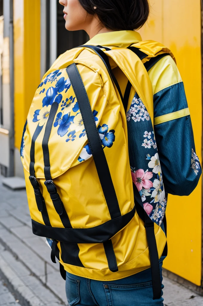 Yellow backpack with black and blue combination strips with printed flowers