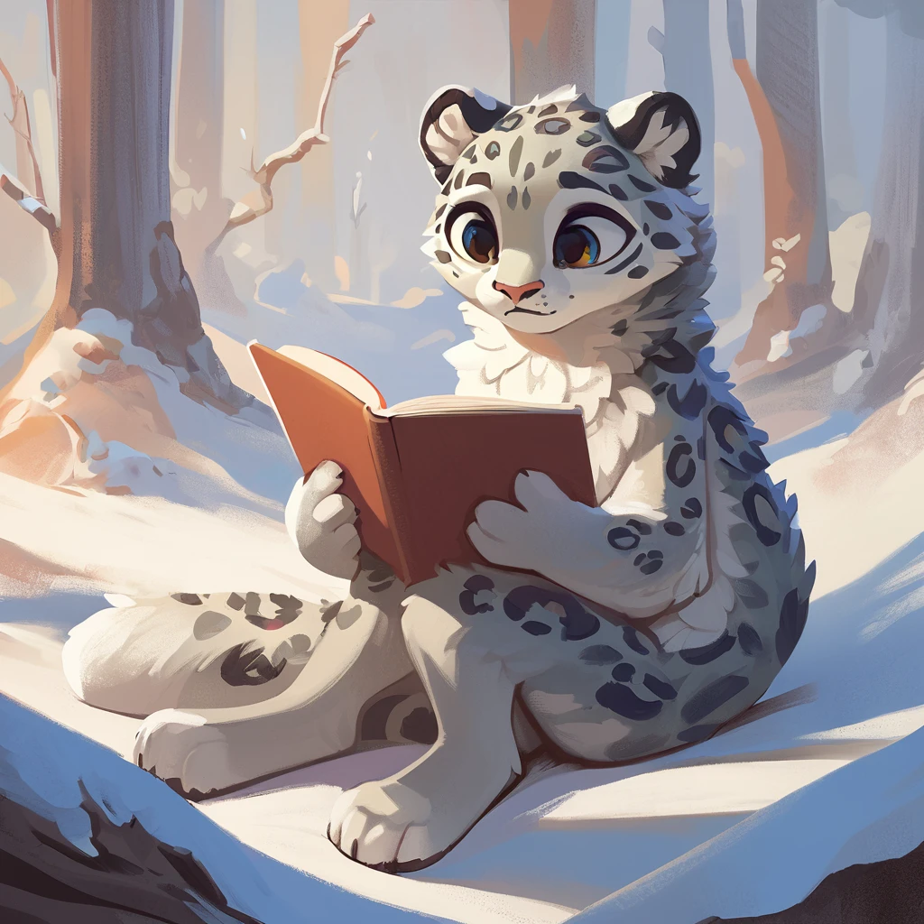 Cute Snow Leopard,Sitting and reading a book,2D,pop,front,Large limbs,Very detailed, Concept Art, Character Design, Illustration, Highest quality, masterpiece, 